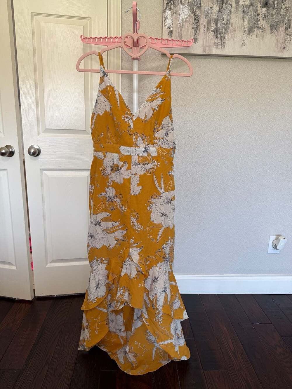 Lulus Darling Daylily Mustard Yellow Floral Print High-Low Maxi Dress see pic 3
